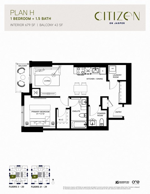Floor plan for 1 bed, 1.5 baths, 679 sqft